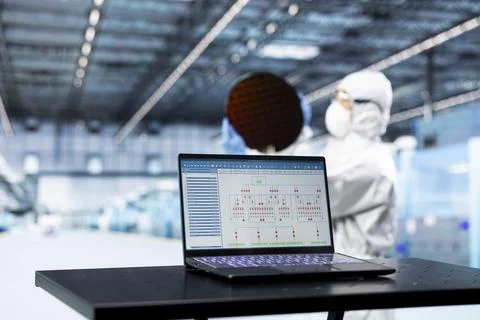Close up of EDA software on laptop in microchip industrial plant Stock Photos