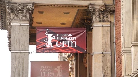 Close up of EFM Berlinale sign in front of Martin Gropius Bau in slow motion. Stock Footage 127338366