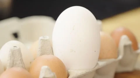 Close-up of a egg box in kitchen with a single large egg standing out Stock Footage 332720572