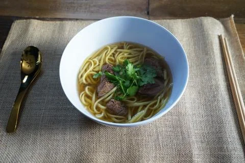 Close up egg noodle with beef stew soup Stock Photos