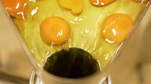 Close up of Egg Yolks Falling Down Into A Pipe in A Noodle or Cake Factory Stock Footage 255654511