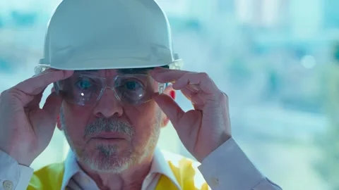 Close up of an elderly construction engineer putting on and taking off his prote Stock Footage 328525822