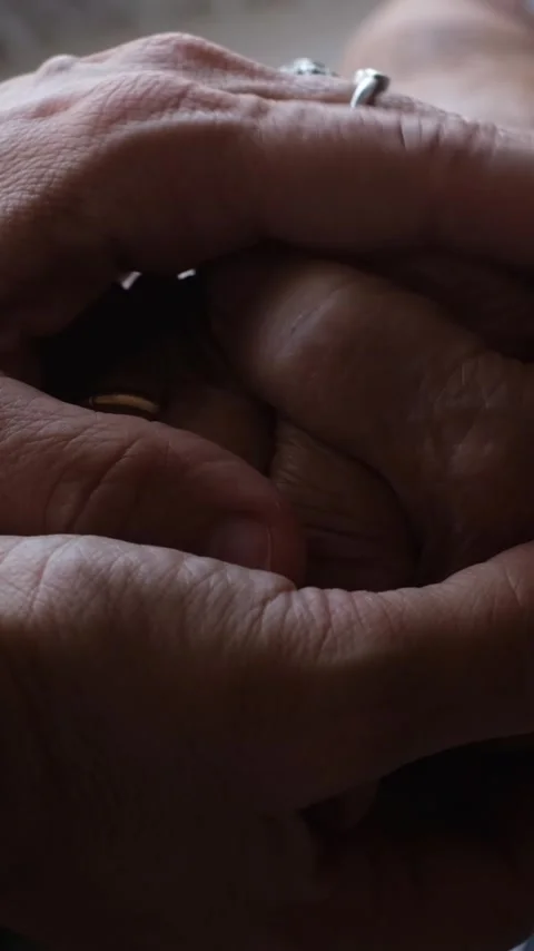 Close-up of an elderly couple's hands intertwined, a man's hand gently holding Stock Footage 344397139
