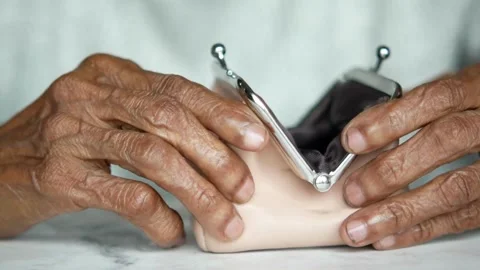 Close-up of elderly man hand opening wallet purse retirement ruin bankruptcy old Stock Footage 336450516