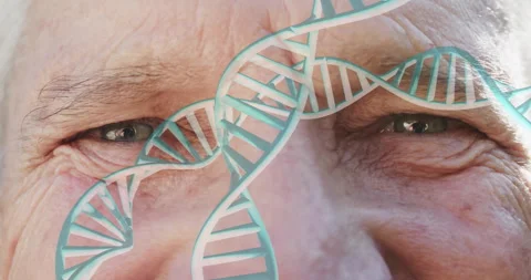 Close-up of elderly person eyes with DNA strand animation appearing Stock Footage 303461308
