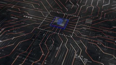 A close up of an electric blue computer chip on a motherboard Stock Photos