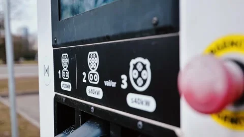 Close-Up of Electric Car Charging Panel With Labeling and Slow Zoom Out Stock Footage 313272558