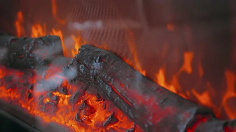 Close-up of electric fire. Flames of electric fireplace. Selective focus, Stockbeeldmateriaal 144889087