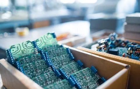 Close-up electric green embedded microcircuits in production Stock Photos