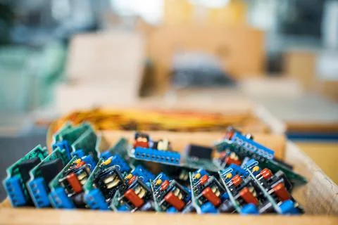 Close-up electric green embedded microcircuits in production Stock Photos