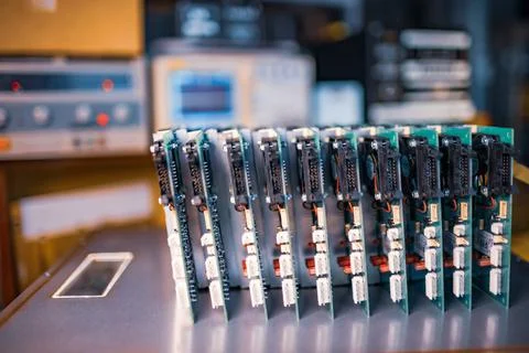 Close-up electric green embedded microcircuits in production 스톡 사진