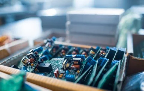 Close-up electric green embedded microcircuits in production Stock Photos