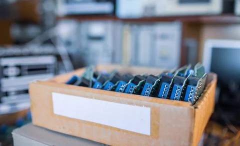 Close-up electric green embedded microcircuits in production Stock Photos
