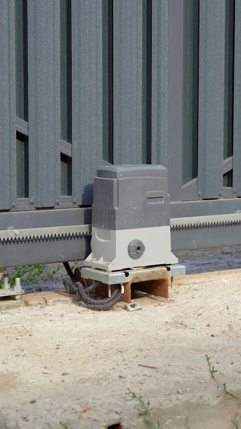 Close-Up of Electric Motor for Automatic Sliding Gate System, Access Control Stock Footage 338300865