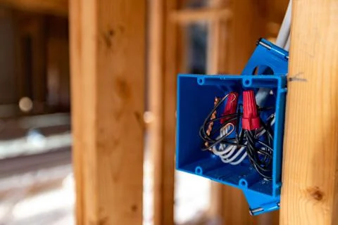 Close-up of Electrical box in new home construction, with negative space for  Stock Photos