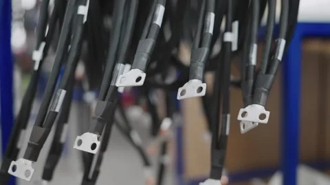 Close-up of electrical cables and connectors in manufacturing environment Video stock 308657117