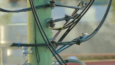 Close Up of Electrical Cables and Spool Insulators on Wooden Utility Pole 스톡 동영상 347298164