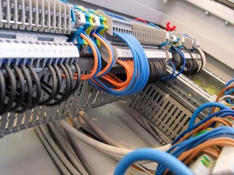A close-up of an electrical control panel shows neatly arranged wiring with b Stock-Fotos