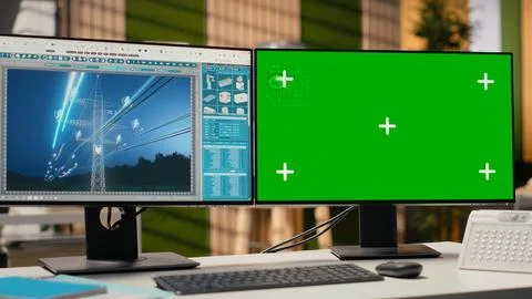 Close up of electrical grid infrastructure data on green screen PC Stock Photos
