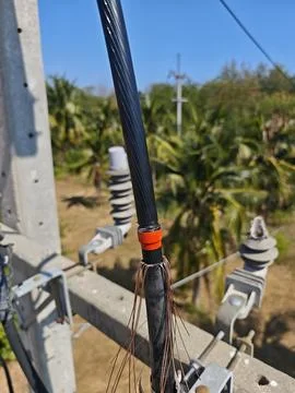 Close up of electrical lineman technician preparing copper shield wires. Stock Photos