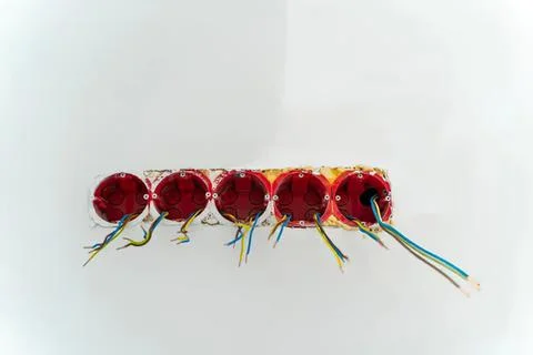 Close-up of electrical wires connected to a red socket Stock Photos