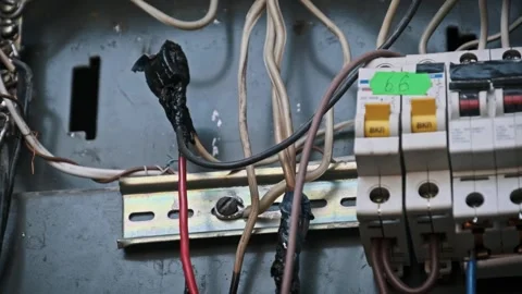 Close-up: Electrical Wiring with Breakers and Damaged Insulation Stock Footage 297053601