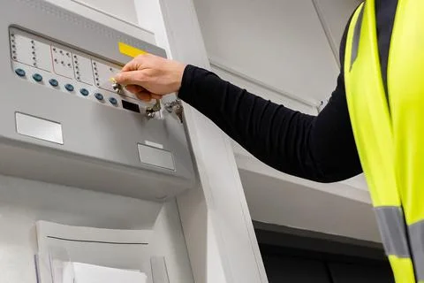 Close-up of electrician Opening Fire Panel In Server Room Foto stock