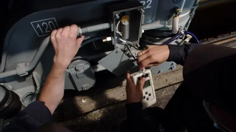 Close-up of electricians checking the power supply wiring of the train's power Stock Footage 196357903