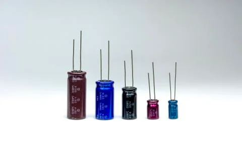 Close up of Electrolytic capacitor row with various sizes Stock Photos