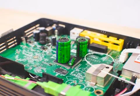 Close up of Electrolytic capacitor row with various sizes Foto stock