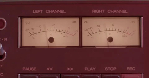 Close-up of electronic analoge volume indicator. Needles moving from music sound Видео 178592409