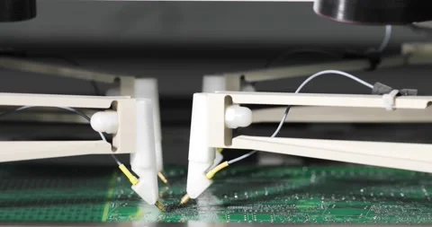 Close-up of electronic board assembly with automated robotic arm. Technology Stock Footage 201209593