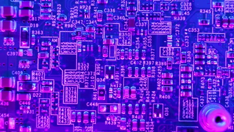 Close up of Electronic board with sci fi  cyber punk blue and pink effects 스톡 동영상 150600696