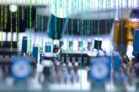 Close-up electronic circuit board with binary code. 스톡 사진