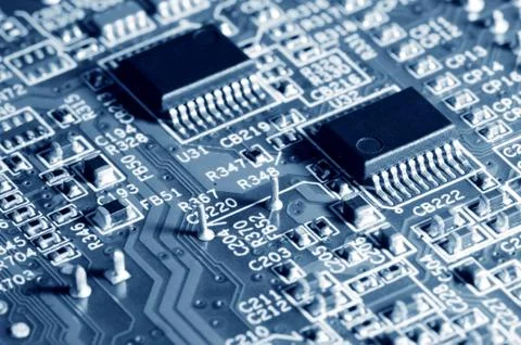 Close-up electronic circuit board with micro chips 库存照片