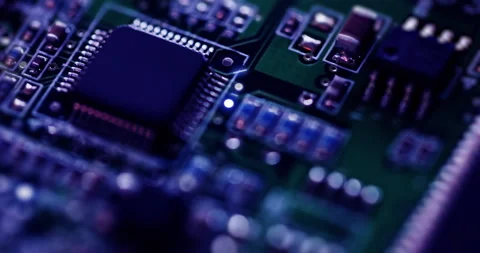 Close-up of electronic circuit board with microchip, technology animation Stock Footage 307817056