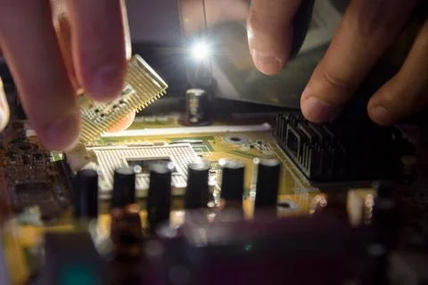 Close up of Electronic Circuits in Technology on  Mainboard 스톡 사진