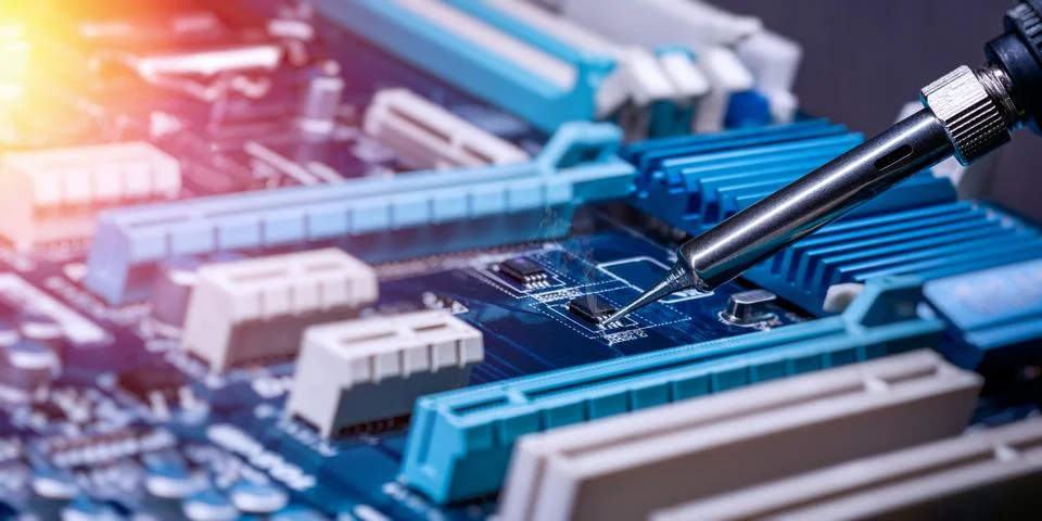 Close Up Electronic Component Soldering on PCB Motherboard During Computer Ha Stock Photos
