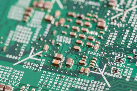 Close up of electronic components on the motherboard, microprocessor chip 库存照片