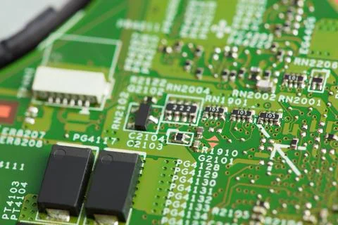 Close up of electronic components on the motherboard, microprocessor chip 库存照片