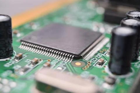 Close up of electronic components on pcb board Stockfoto's