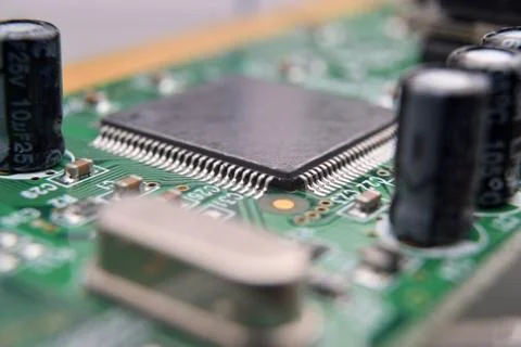 Close up of electronic components on pcb board 스톡 사진