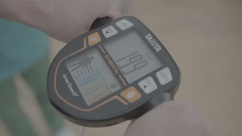 Close up of an electronic display of parameters of the smart scale 4k Stock Footage 219502516