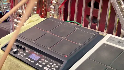 Close-up of electronic drum pad being played during live percussion performance Stock Footage 333263491