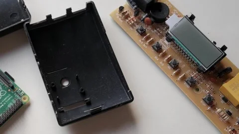 Close-up of electronics with Raspberry Pi 3 board and circuit assembly in Stock Footage 312197924