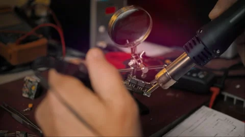 Close up Electronics repair. Soldering a circuit using a soldering hot Air gun. Stock Footage 229859433