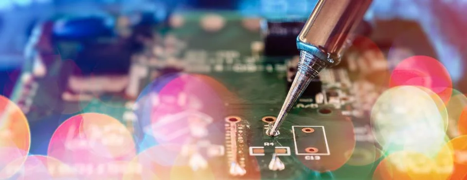 Close Up Electronics Soldering Process on PCB with Repair Tool, Circuit Compo Fotos Stock