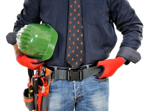 Close-up of an elegant electrician technician isolated on white background. 스톡 사진