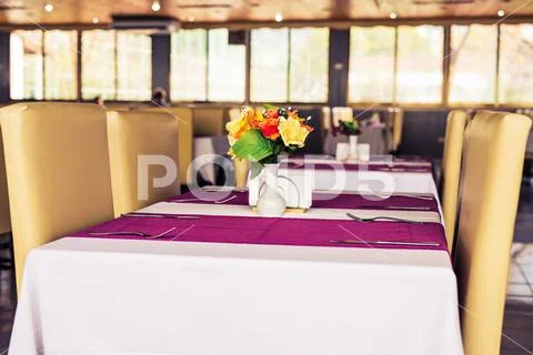 Close up Elegant Tabletop Setting Design for Four People Inside an Expensive Stock Photos