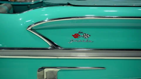 Close up Element of Classic turquoise 1958 Chevrolet Impala convertible Stock Footage 330987826